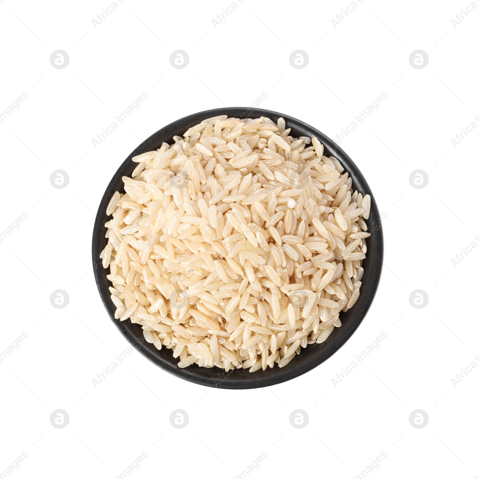 Photo of Raw rice in bowl isolated on white, top view