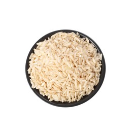 Photo of Raw rice in bowl isolated on white, top view