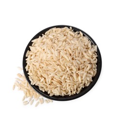 Photo of Raw rice in bowl isolated on white, top view