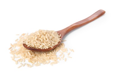 Raw rice in wooden spoon isolated on white