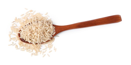 Photo of Raw rice in wooden spoon isolated on white