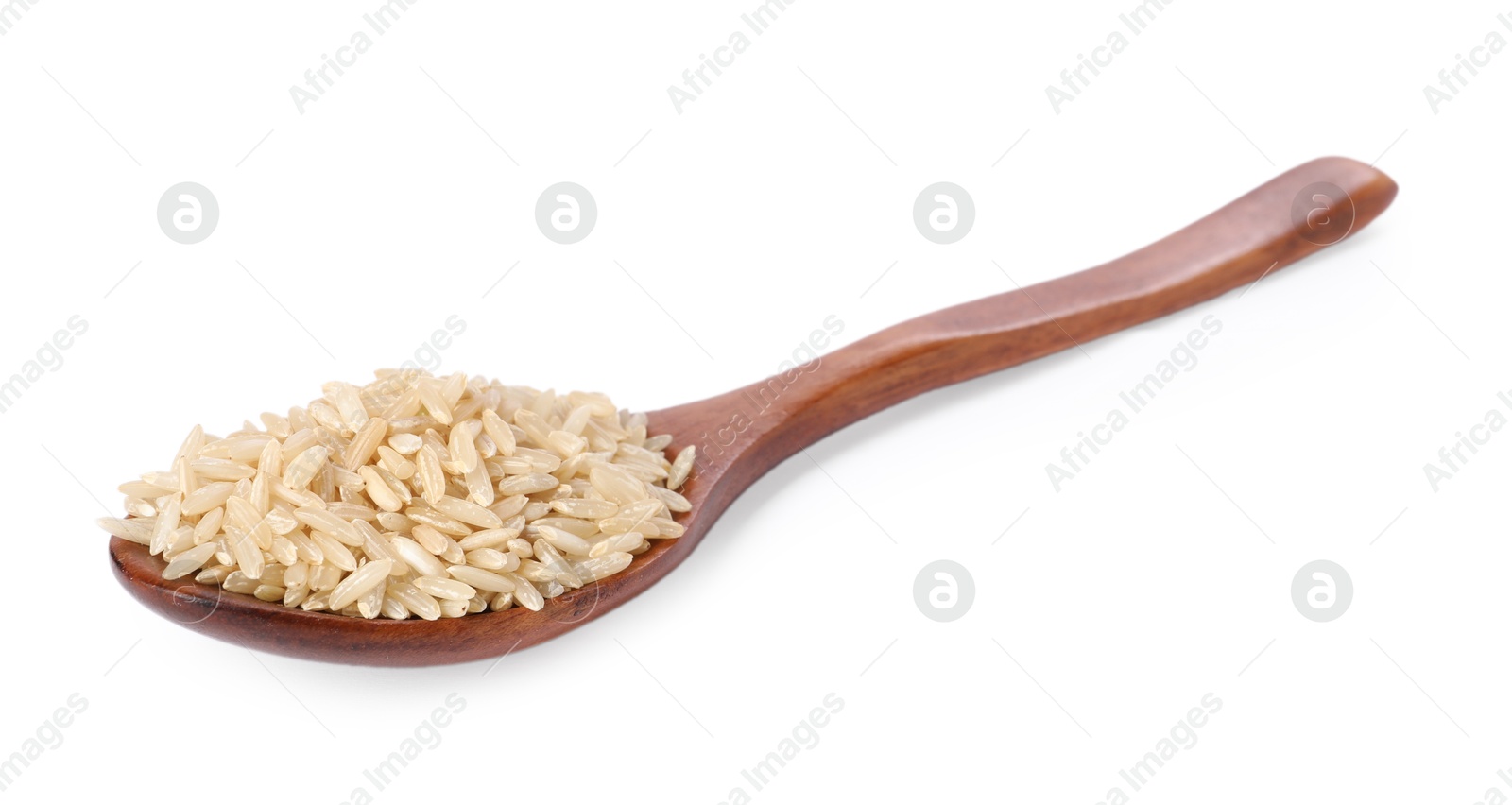 Photo of Raw rice in wooden spoon isolated on white