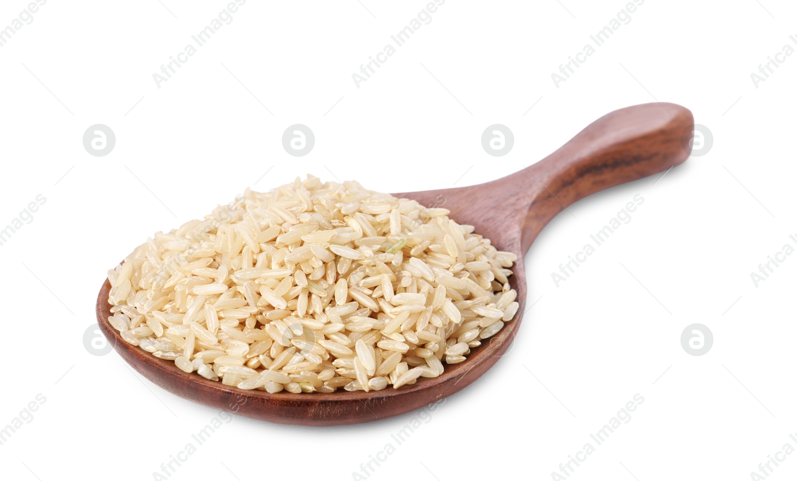 Photo of Raw rice in wooden spoon isolated on white