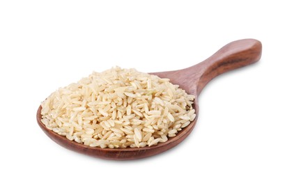 Photo of Raw rice in wooden spoon isolated on white