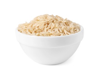 Photo of Raw rice in bowl isolated on white