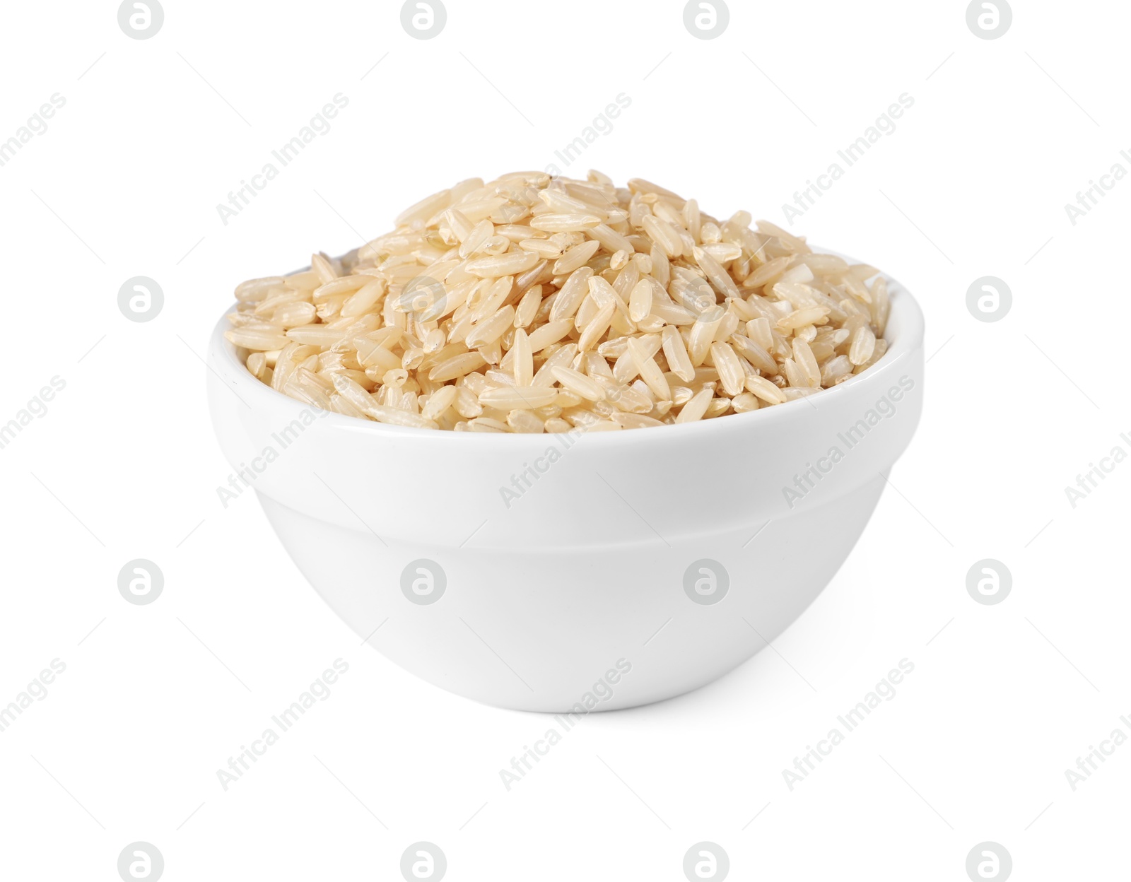 Photo of Raw rice in bowl isolated on white