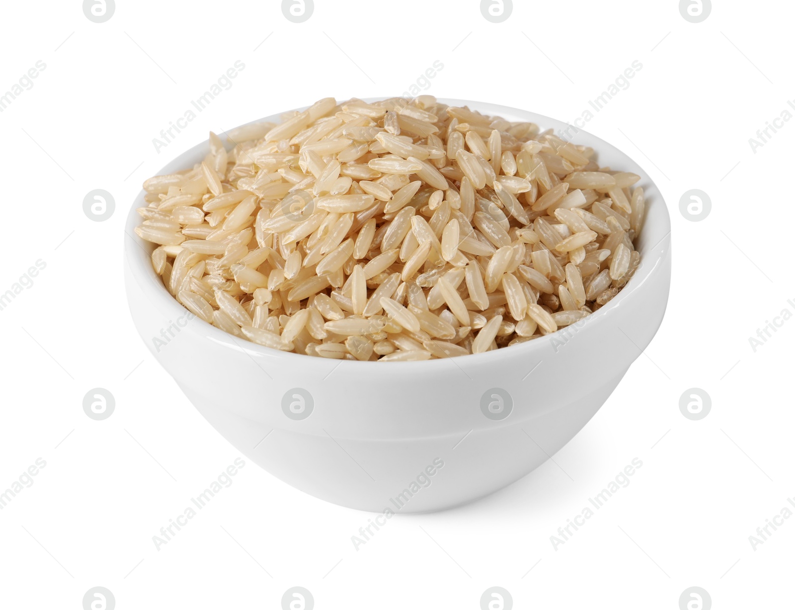 Photo of Raw rice in bowl isolated on white