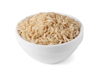 Photo of Raw rice in bowl isolated on white