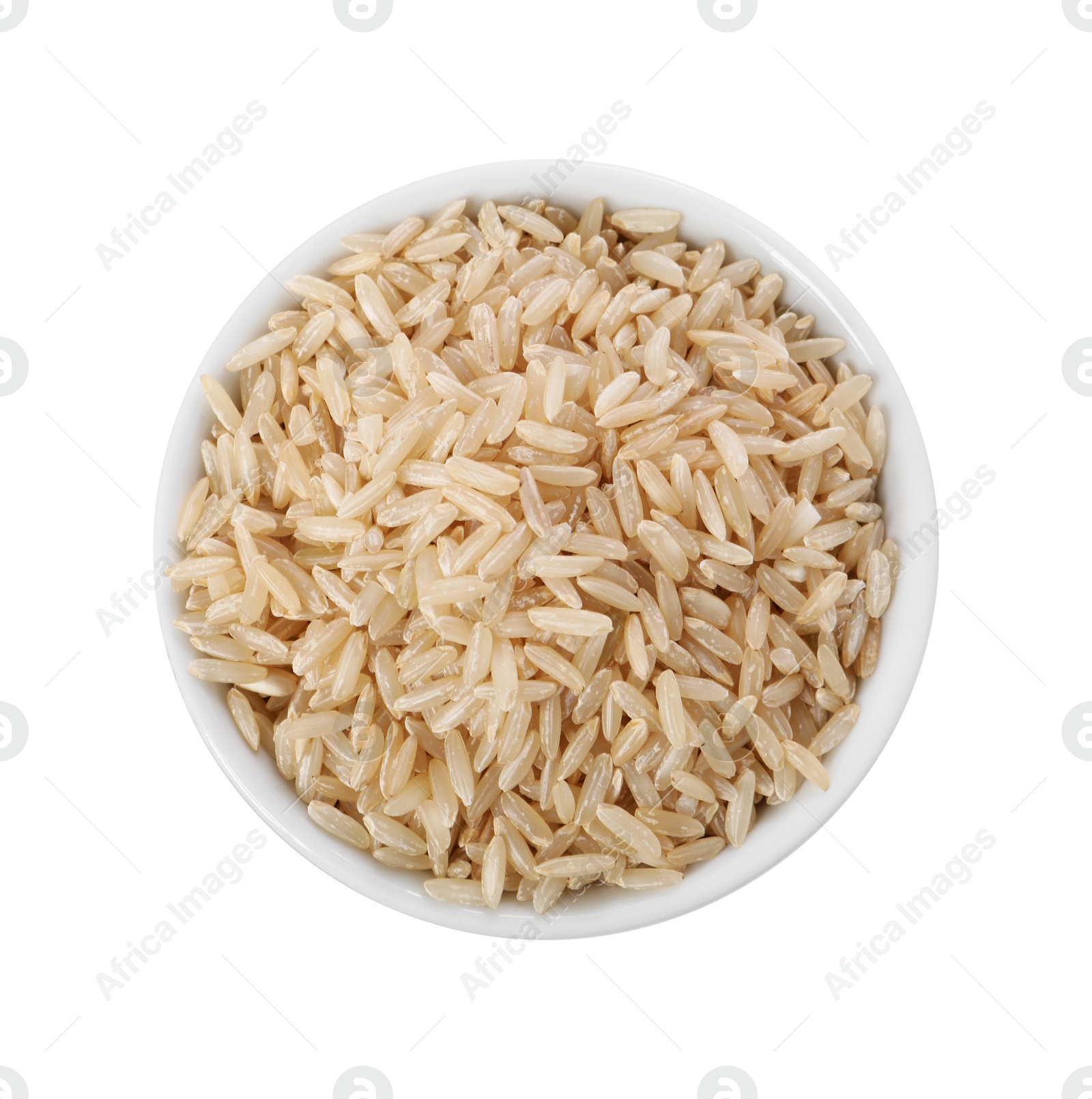 Photo of Raw rice in bowl isolated on white, top view