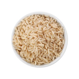 Photo of Raw rice in bowl isolated on white, top view