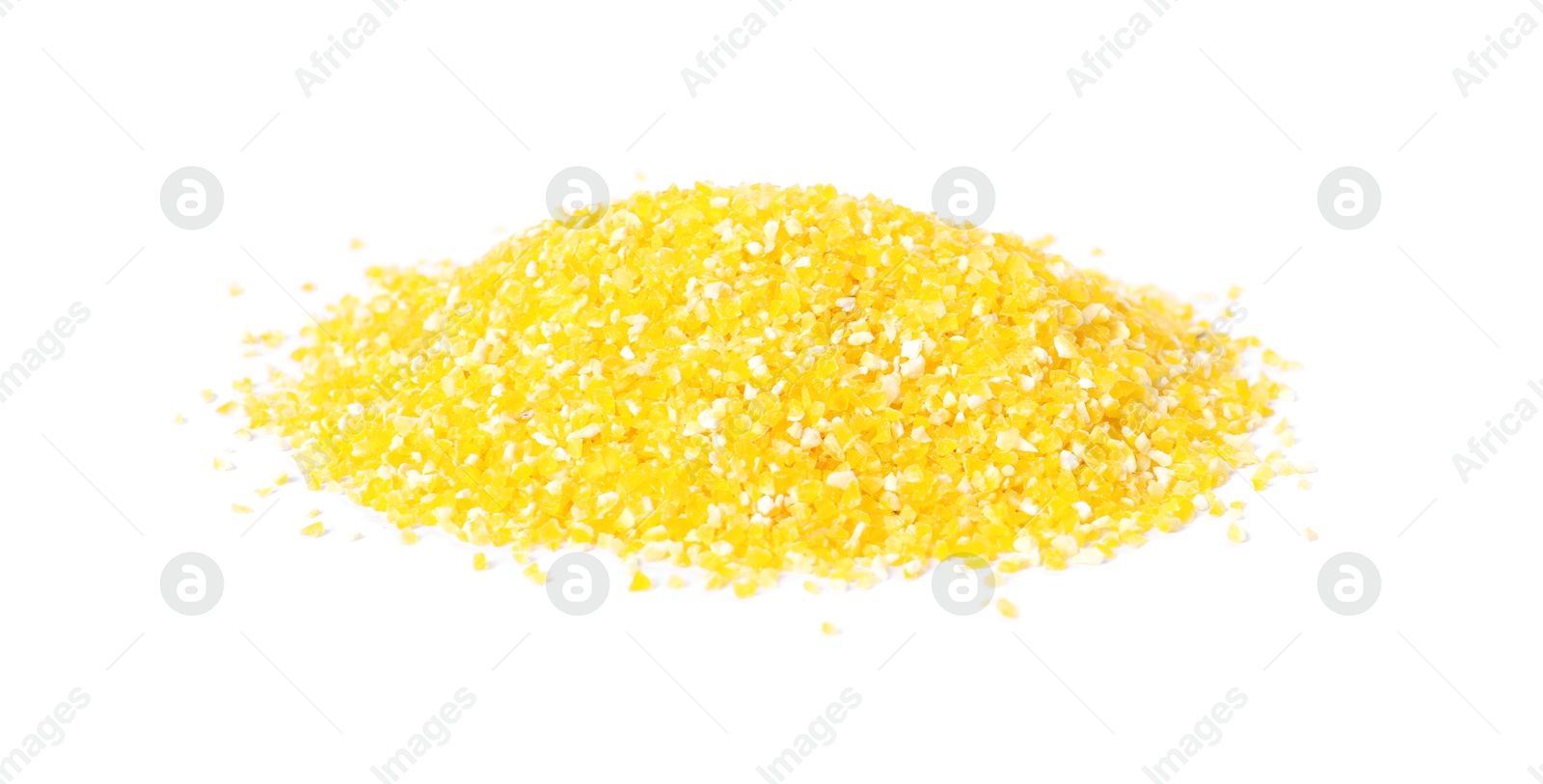 Photo of Pile of raw cornmeal isolated on white