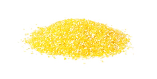 Photo of Pile of raw cornmeal isolated on white