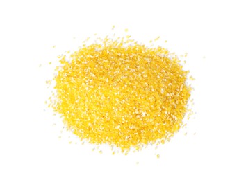 Photo of Pile of raw cornmeal isolated on white, top view