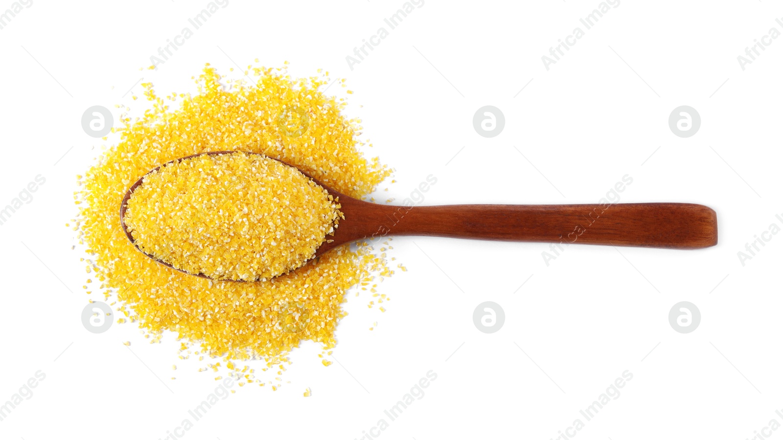 Photo of Raw cornmeal in wooden spoon isolated on white, top view