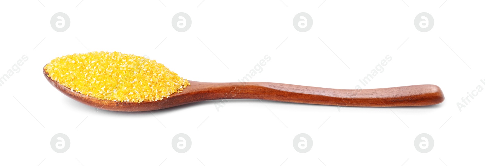 Photo of Raw cornmeal in wooden spoon isolated on white