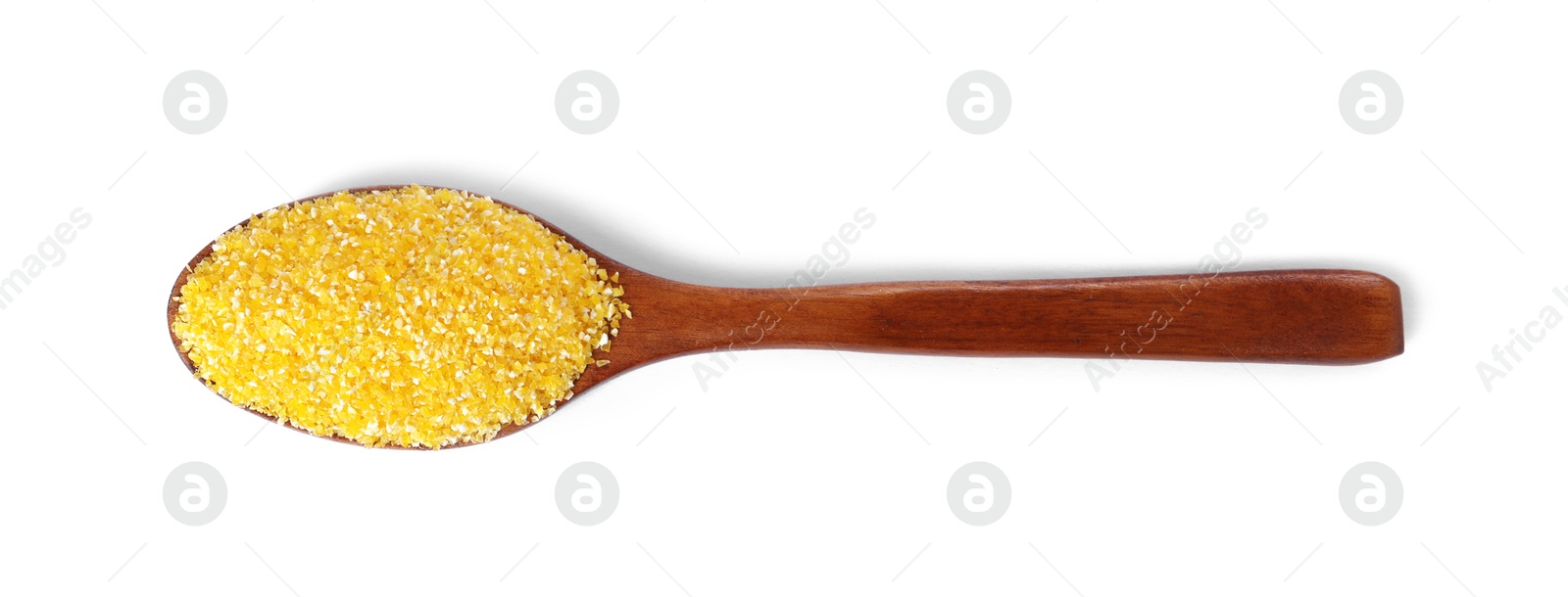 Photo of Raw cornmeal in wooden spoon isolated on white, top view