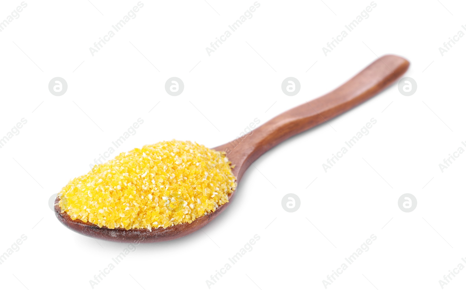 Photo of Raw cornmeal in wooden spoon isolated on white