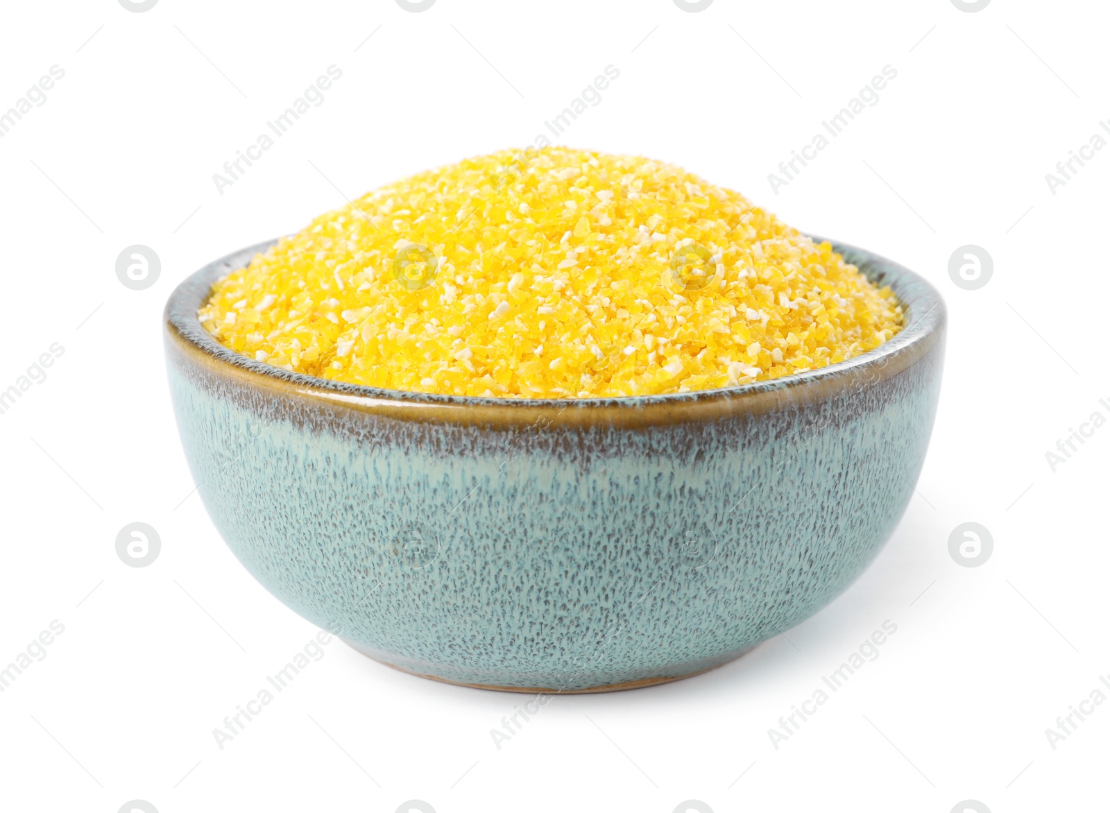 Photo of Raw cornmeal in bowl isolated on white