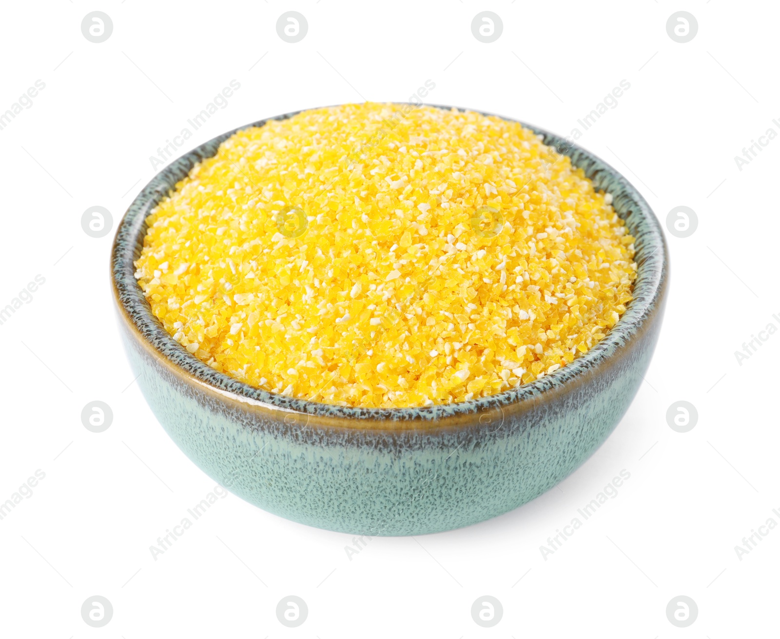 Photo of Raw cornmeal in bowl isolated on white