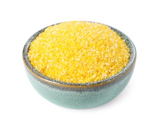 Photo of Raw cornmeal in bowl isolated on white