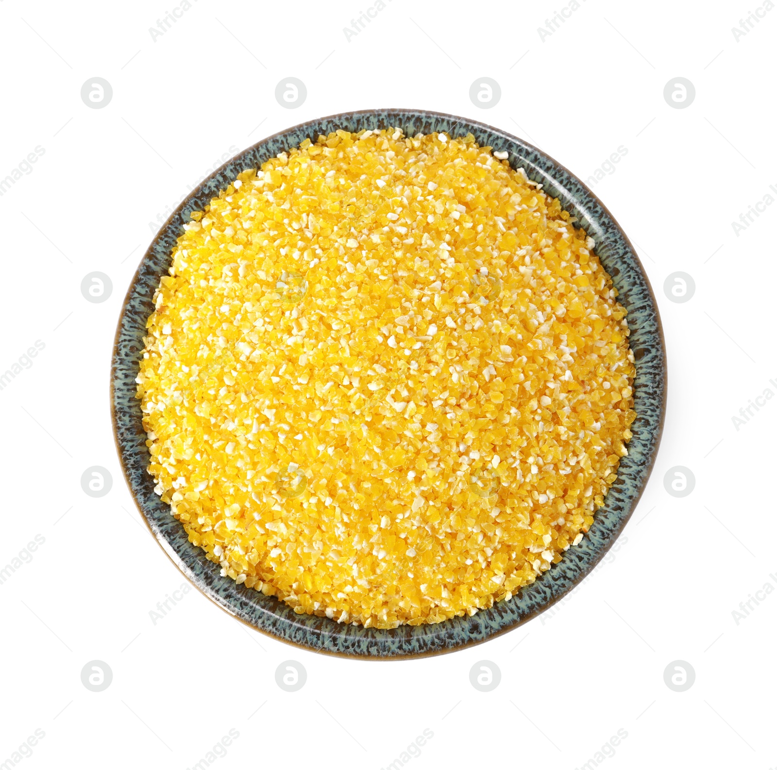 Photo of Raw cornmeal in bowl isolated on white, top view