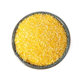 Photo of Raw cornmeal in bowl isolated on white, top view