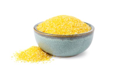 Photo of Raw cornmeal in bowl isolated on white