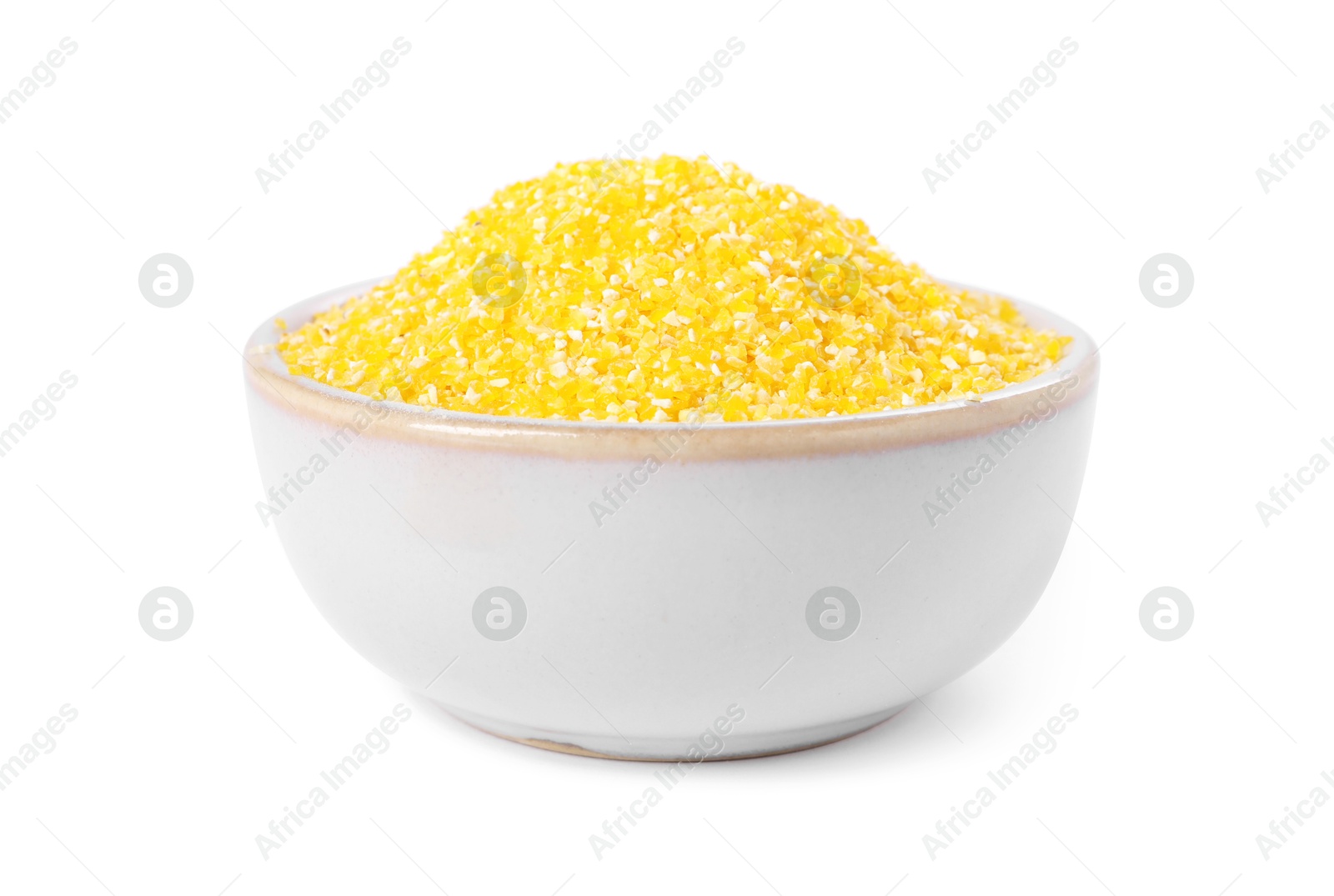 Photo of Raw cornmeal in bowl isolated on white