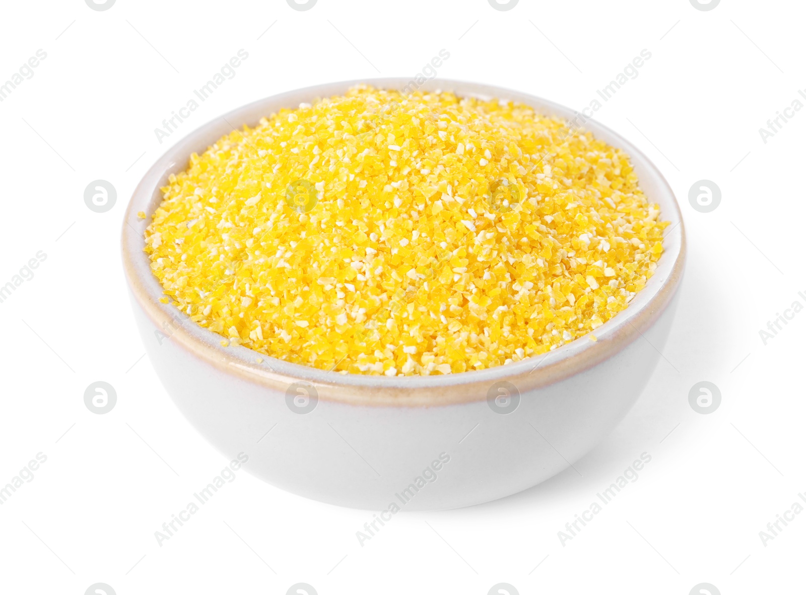 Photo of Raw cornmeal in bowl isolated on white