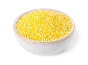 Photo of Raw cornmeal in bowl isolated on white