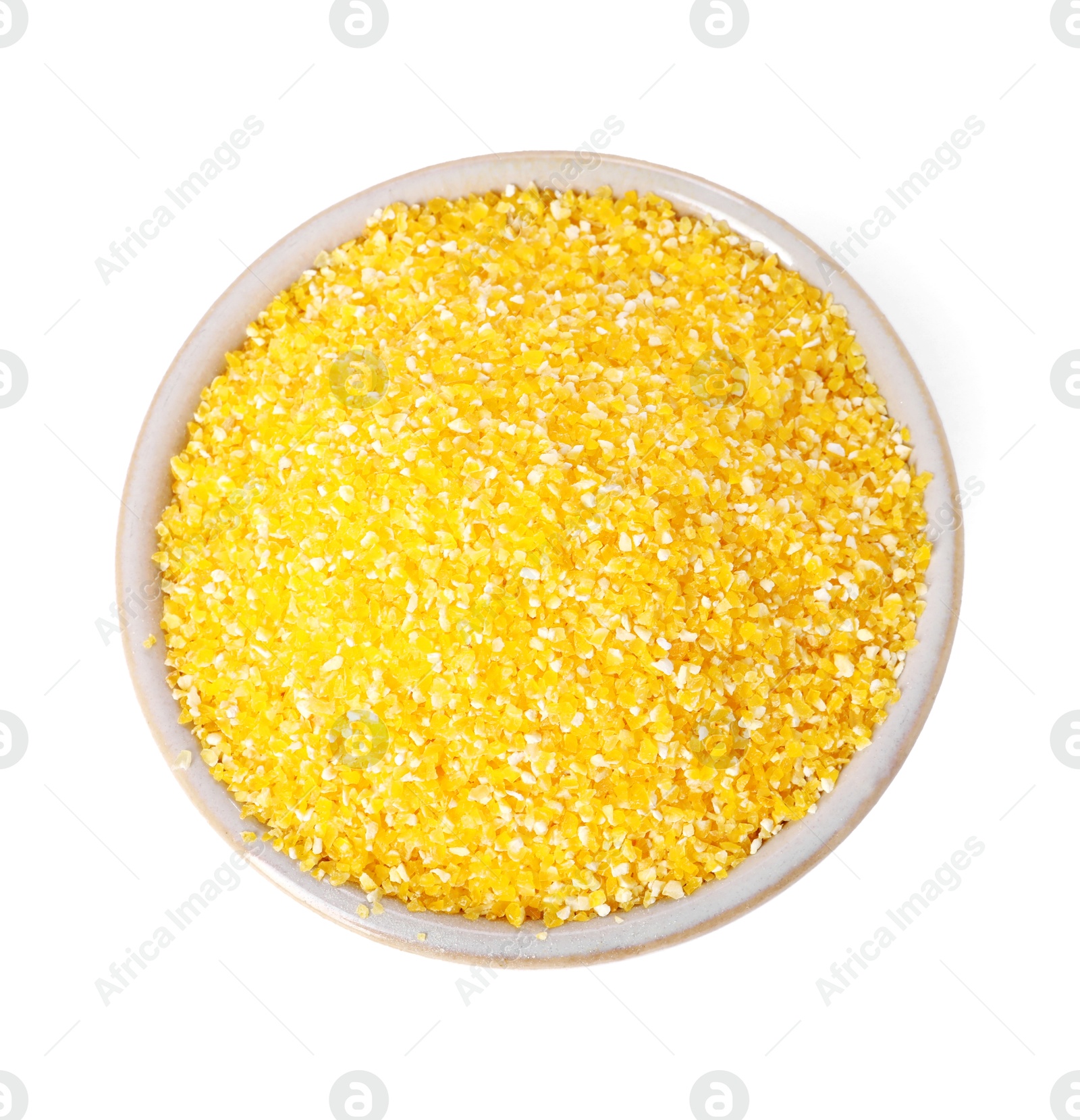 Photo of Raw cornmeal in bowl isolated on white, top view