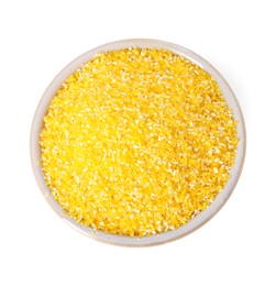 Photo of Raw cornmeal in bowl isolated on white, top view