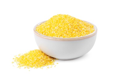 Photo of Raw cornmeal in bowl isolated on white