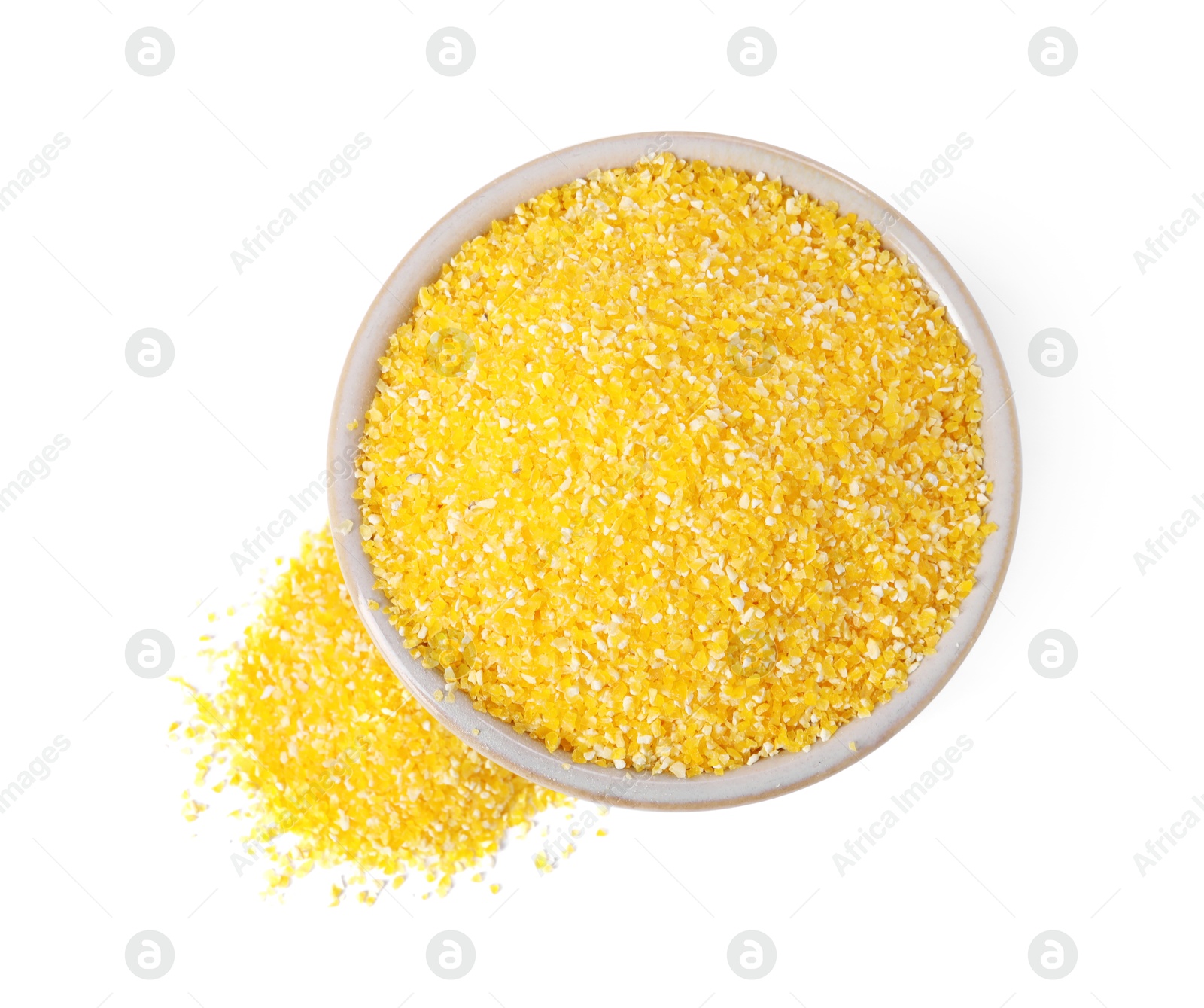 Photo of Raw cornmeal in bowl isolated on white, top view