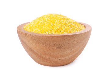 Raw cornmeal in bowl isolated on white