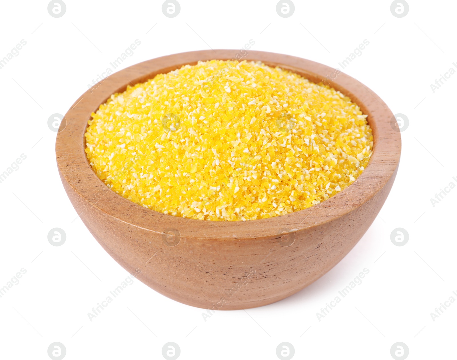 Photo of Raw cornmeal in bowl isolated on white