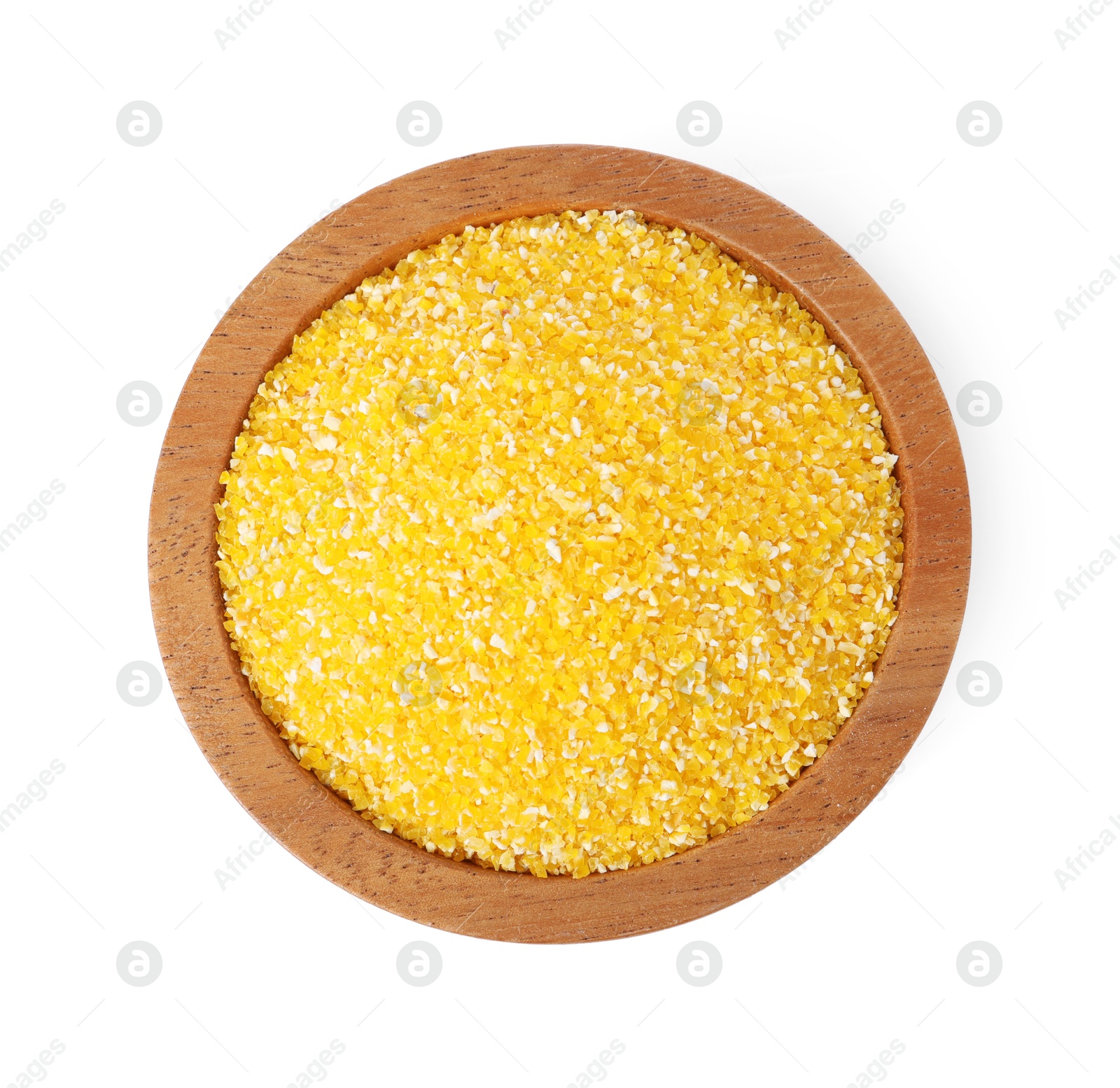 Photo of Raw cornmeal in bowl isolated on white, top view