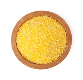 Photo of Raw cornmeal in bowl isolated on white, top view