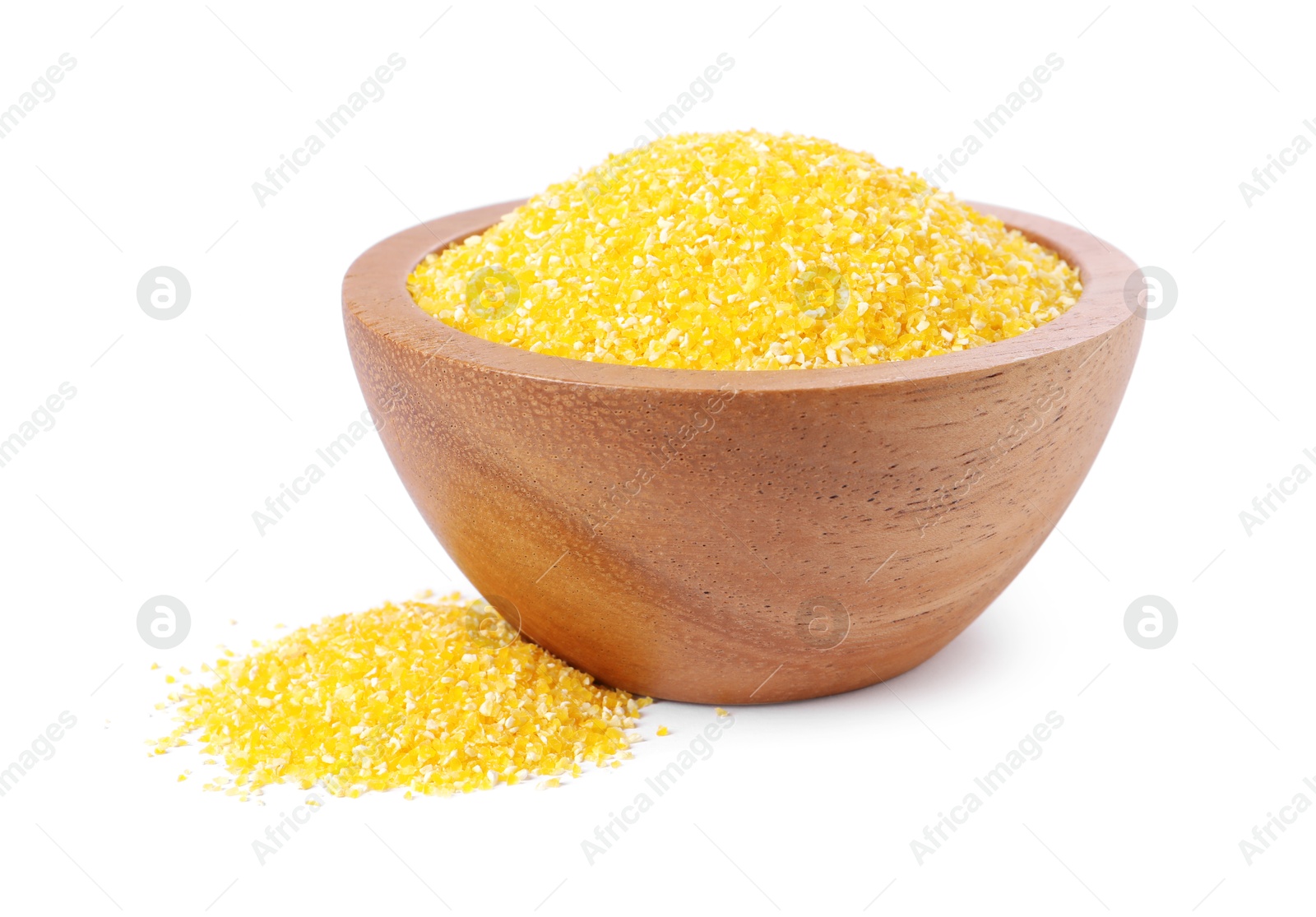 Photo of Raw cornmeal in bowl isolated on white