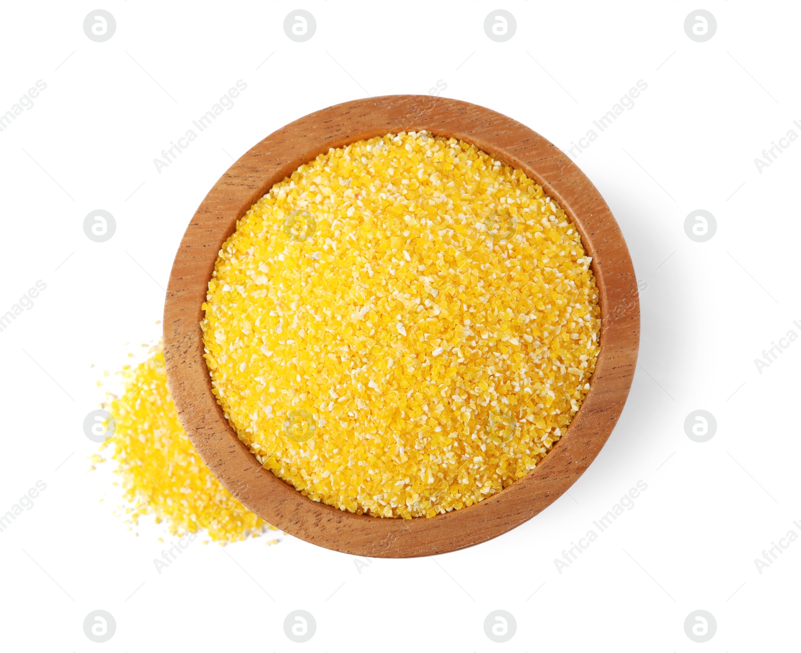 Photo of Raw cornmeal in bowl isolated on white, top view