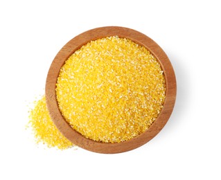 Photo of Raw cornmeal in bowl isolated on white, top view