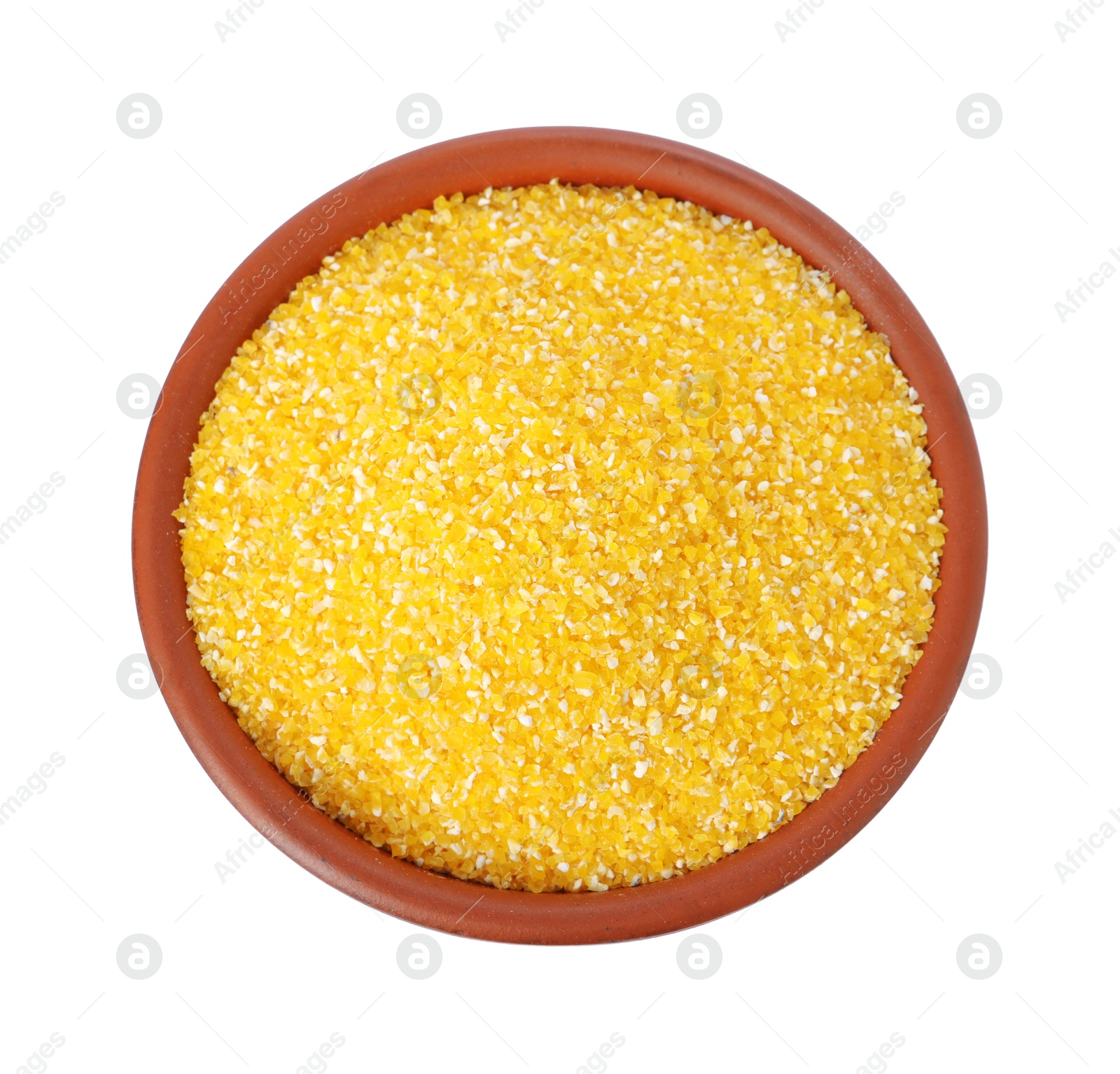 Photo of Raw cornmeal in bowl isolated on white, top view