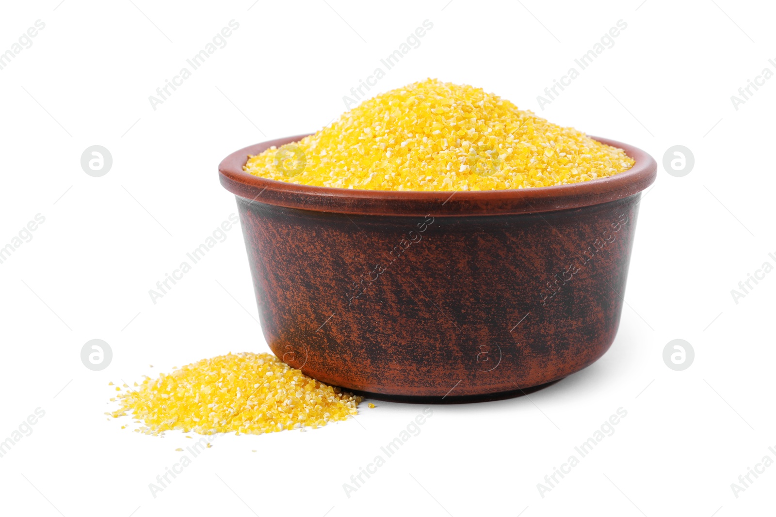 Photo of Raw cornmeal in bowl isolated on white