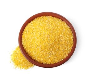 Photo of Raw cornmeal in bowl isolated on white, top view