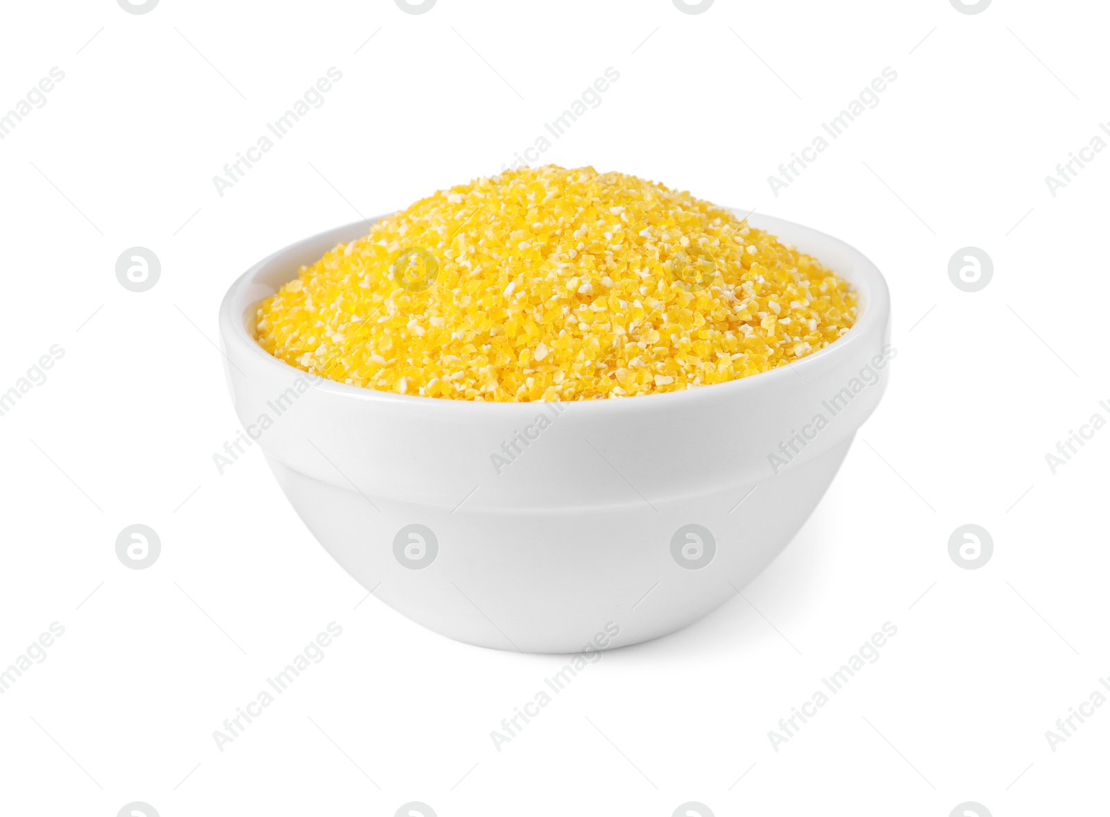 Photo of Raw cornmeal in bowl isolated on white