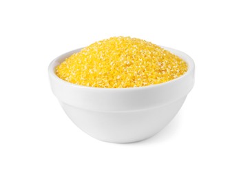 Photo of Raw cornmeal in bowl isolated on white