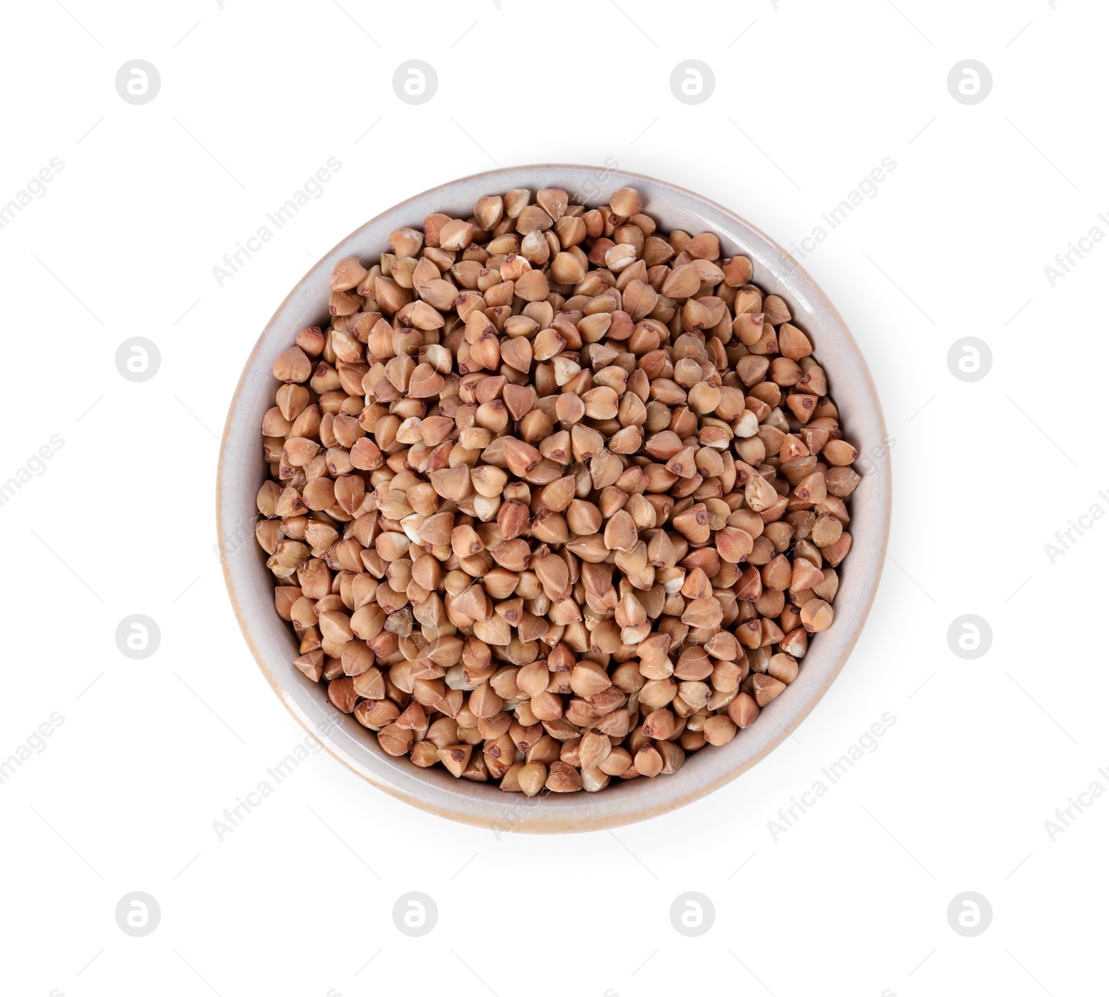 Photo of Raw buckwheat in bowl isolated on white, top view