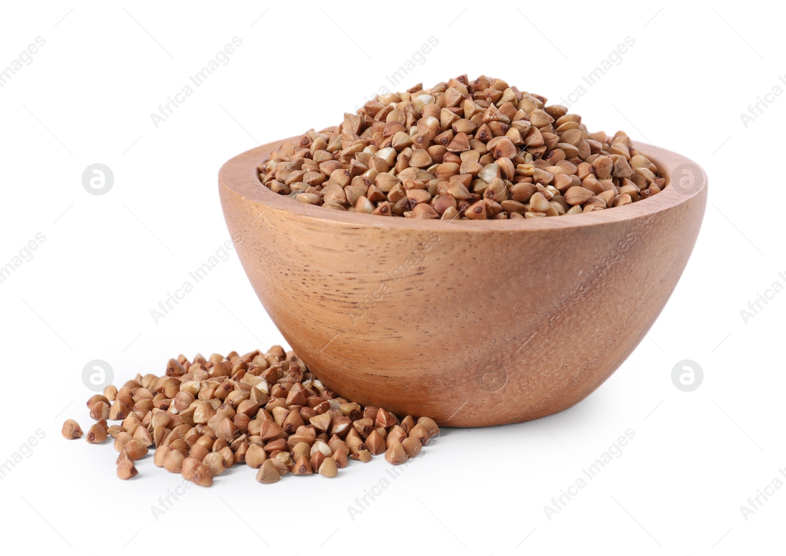 Photo of Raw buckwheat in bowl isolated on white