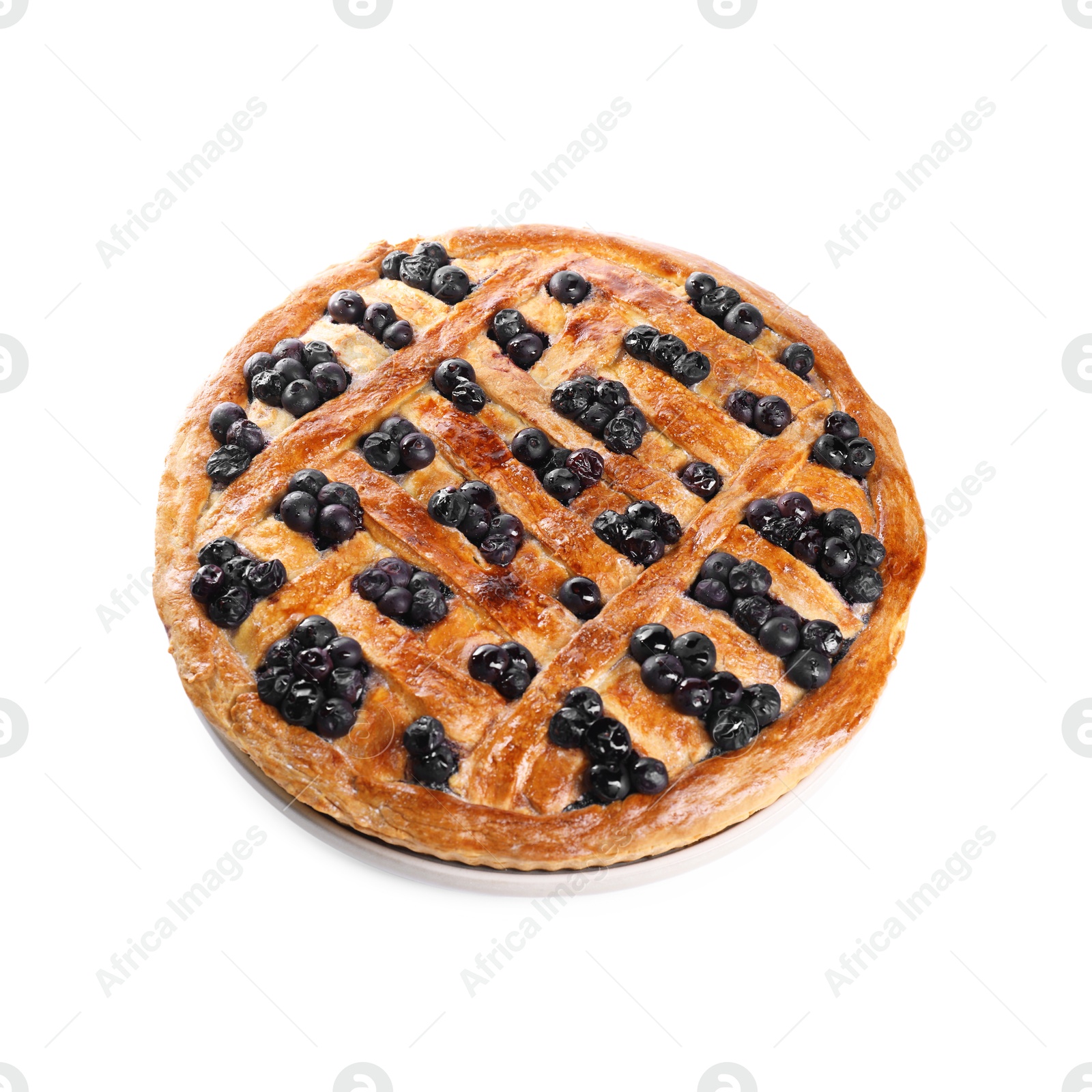 Photo of Tasty homemade pie with blueberries isolated on white