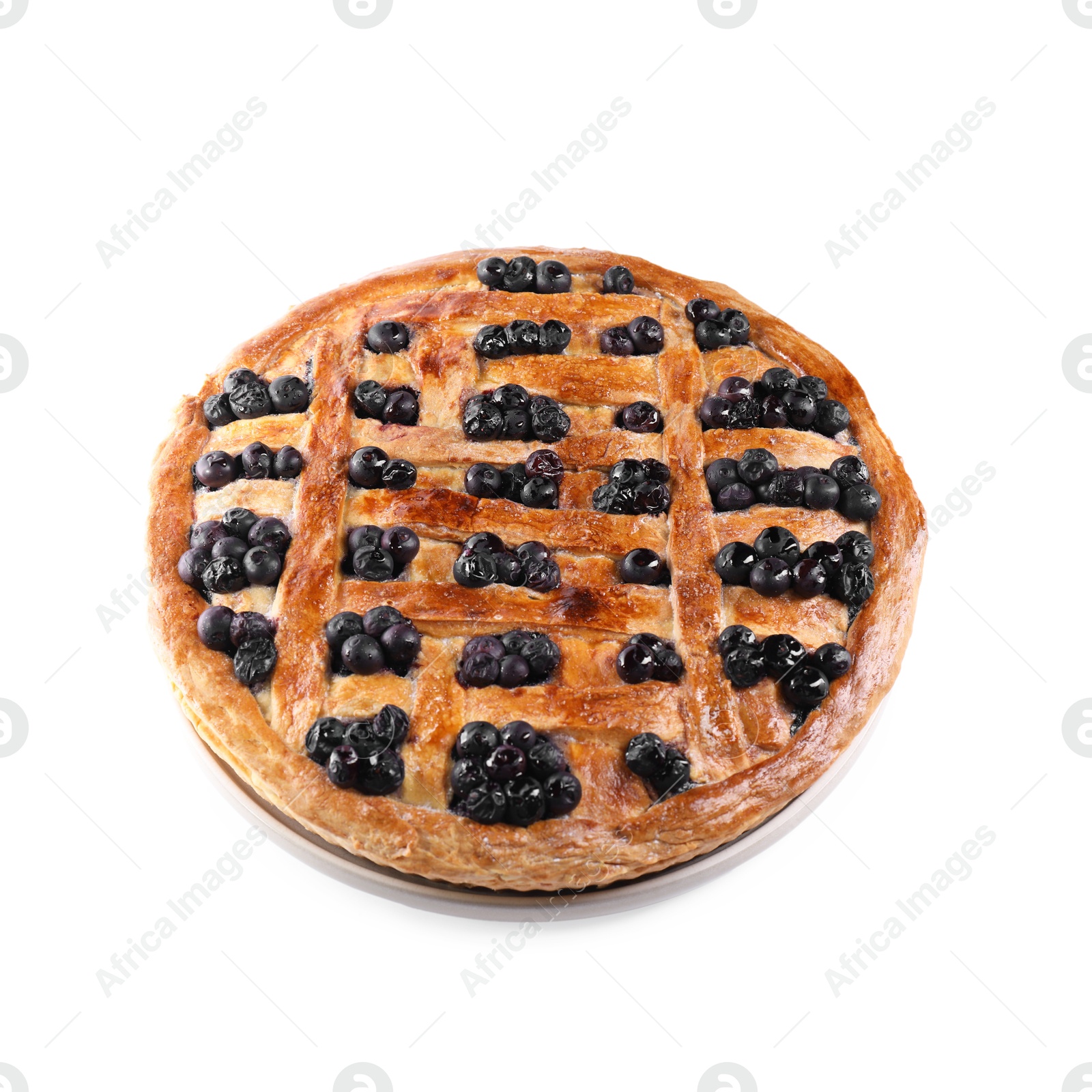 Photo of Tasty homemade pie with blueberries isolated on white